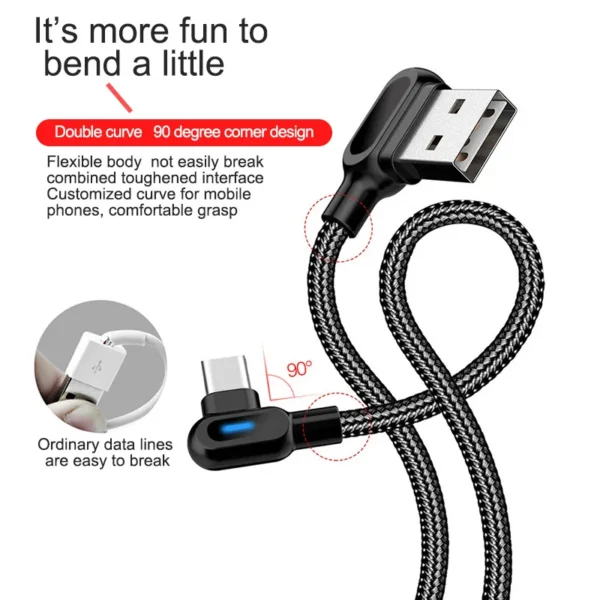 Cable USB Tipo C de 90 grados con carga rápida y luz LED para Samsung y Xiaomi - Imagen 2