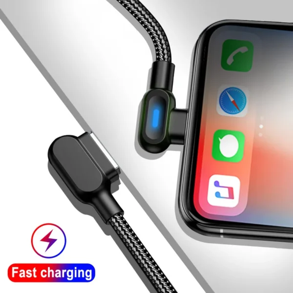 Cable USB Tipo C de 90 grados con carga rápida y luz LED para Samsung y Xiaomi